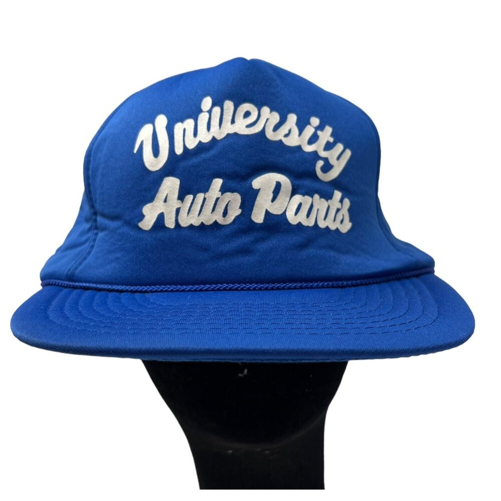 Vintage University Auto Parts Trucker Hat Snapback Blue Foam Mesh USA Made 80s